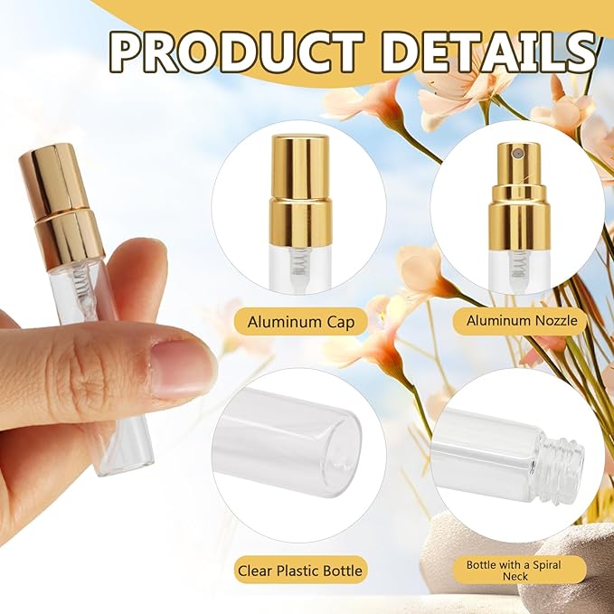 Zorfeter 20 PCS Clear 5ml Atomizer Glass Mist Spray Bottle, Refillable Mini Perfume Atomizer Travel Sample Bottle, Golden Makeup Container for Perfume/Travelers