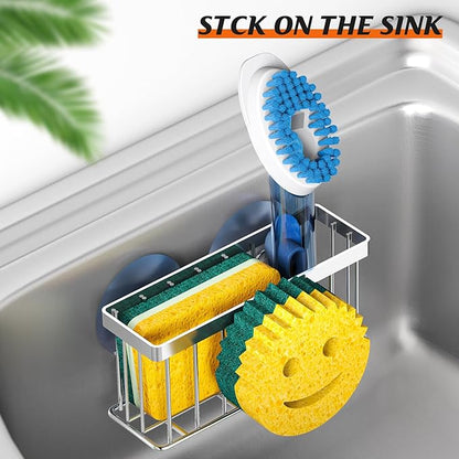 MURLONG Sponge Holder Smiley Face,Sink Caddy for Kitchen Sink,Sponge Holder with 2 PCS Suction Cups/1 PCS Adhesive Strips,Designed for Sponge,Soap,Dish Brush,Scrubber-Silver