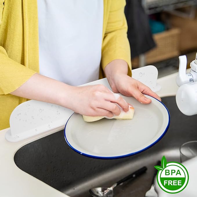 19.3 inch Silicone Sink Splash Guard, Splash Guard for Kitchen Sink Area, Backsplash Protector for Kitchen Countertop & Bathroom Bathtub with Non-Slip Strong Suction, White, Pack of 2
