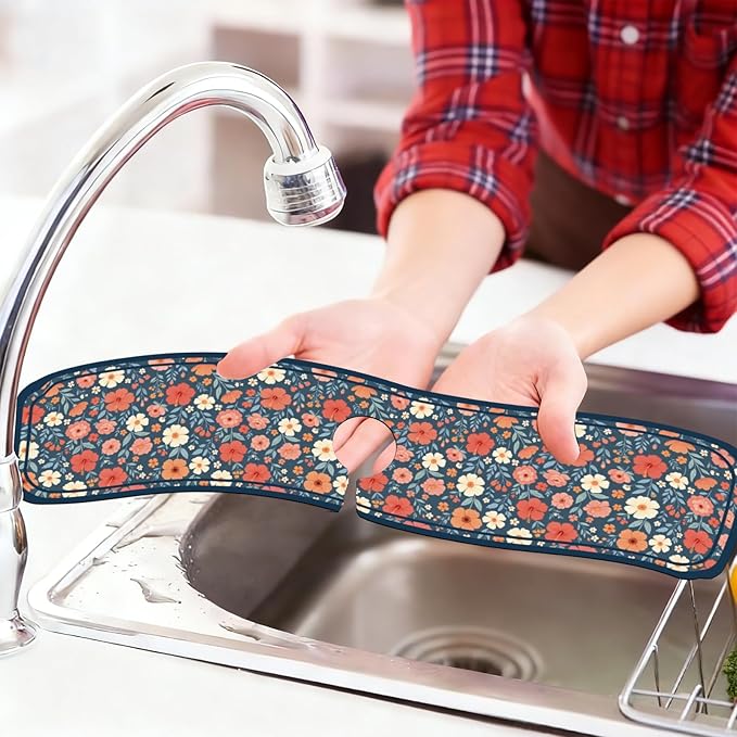 2 Pcs Kitchen Sink Splash Guard Faucet Mat Various Drinks Pattern Faucet Mat for Sinks Coffee Graffiti Absorbing Drying Mats for Kitchen Bathroom, 23.6x5.5inch