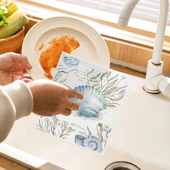 Beach Swedish Dishcloths for Kitchen, 4 Pack Watercolor Dish Towels for Kitchen, Blue Swedish Dish Cloths, Reusable Paper Towels Washable, Sponge Cloths