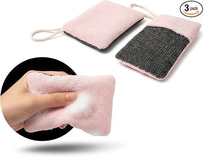 Evelots Soap Saver Sponge with Pocket - 3 Pack Terrycloth Plus Exfoliating Side for Cleansing Bar Soap -No More Wasted Soap Bits -Includes Sponge and Rope