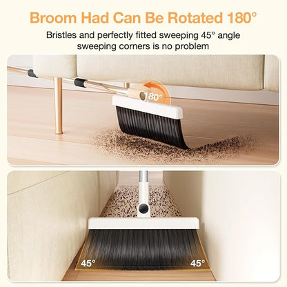 Broom with Dustpan Combo Set,UOEOS One-Sweep Clean,Pet Hair Removal Broom with Self-Cleaning Double-Layer Teeth,High Density Broom and Windproof Dustpan for Indoor&Outdoor
