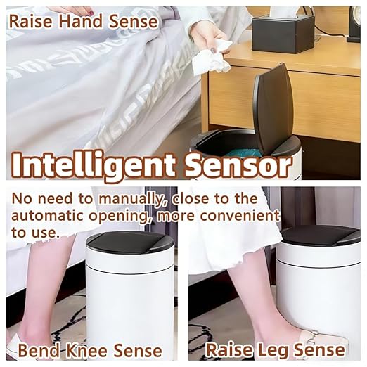 Garbage Can with Lid, Intelligent Sensor Opening and Closing, Small Garbage Can for Living Room, Bedroom, Kitchen and Bathroom (1, White)