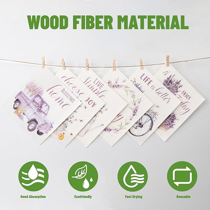 Kitchen Towels Swedish Dishcloths - 6 Count Reusable Paper Towels, Ultra Absorbent Odor Free Eco Friendly Biodegradable Cleaning Rags, (Lavender)