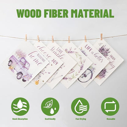 Kitchen Towels Swedish Dishcloths - 6 Count Reusable Paper Towels, Ultra Absorbent Odor Free Eco Friendly Biodegradable Cleaning Rags, (Lavender)