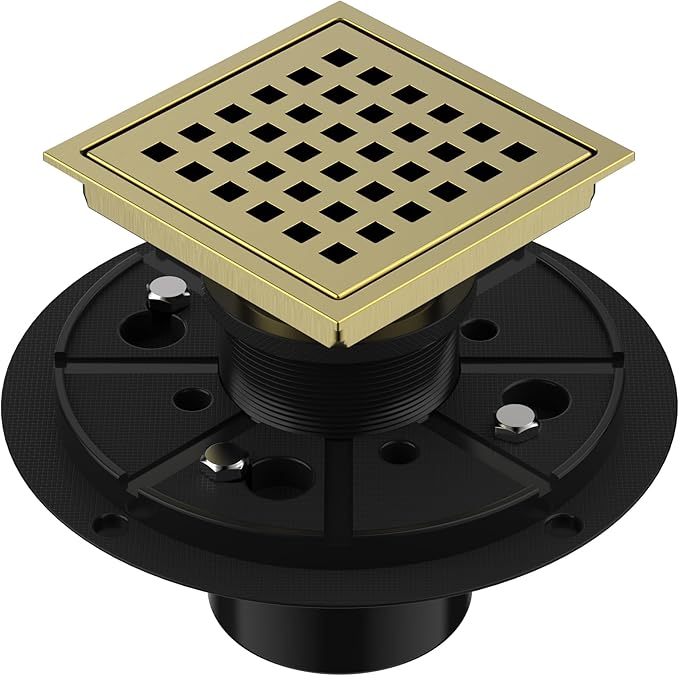 EXF Square Shower Drain 4-3/8 Inch Brushed Gold, Stainless Steel Shower Floor Drain Kit with ABS Flange, Removable Cover Grid Grate, Hair Strainer