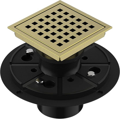 EXF Square Shower Drain 4-3/8 Inch Brushed Gold, Stainless Steel Shower Floor Drain Kit with ABS Flange, Removable Cover Grid Grate, Hair Strainer