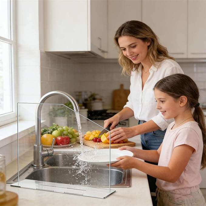 2 PCS Acrylic Sink Splash Guard Clear Splash Guard for Kitchen Sink Area 16.14 * 13.38 Inch Clear Freestanding Panel Barrier with Base
