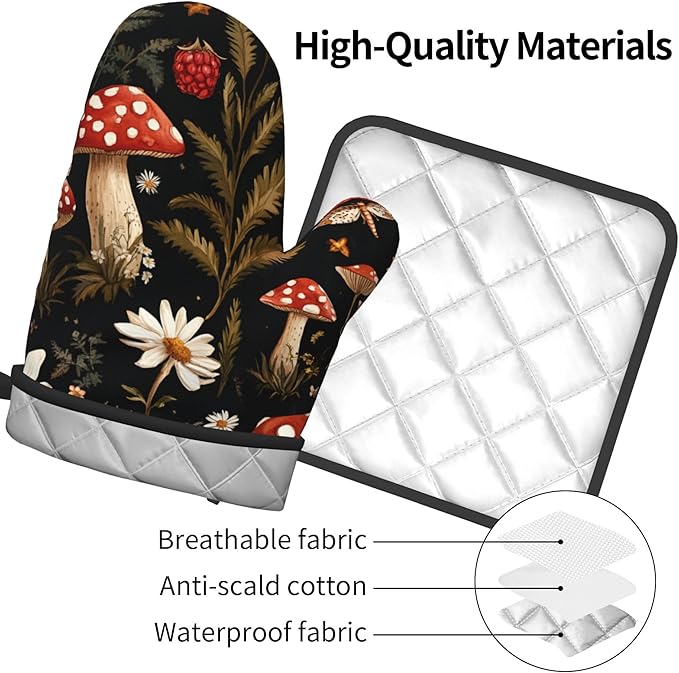 Mushroom Oven Mitt Pot Holder Set Vintage Floral BBQ Cooking Gloves with Loop Baking Grilling Kitchen Gifts for Spring Summer