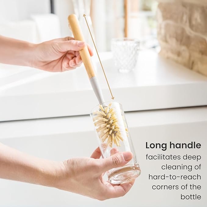 Vigar Zeroline 13.9" Bamboo Bottle Brush With Long Handle - Water Bottle Brush for Glassware, Tumblers, Jars and Vases, Kitchen Dish Scrubber, Wooden Bottle Cleaner, Dish Brush for Sink, Kitchen Brush