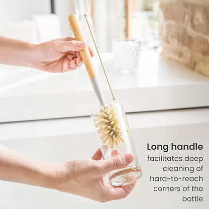Vigar Zeroline 13.9" Bamboo Bottle Brush With Long Handle - Water Bottle Brush for Glassware, Tumblers, Jars and Vases, Kitchen Dish Scrubber, Wooden Bottle Cleaner, Dish Brush for Sink, Kitchen Brush