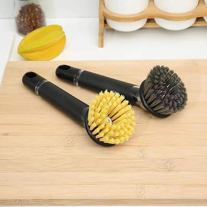 Soap Dispensing Dish Brush with Long Handle, Kitchen Scrub Brush for Pots, Pans, Sink and Dishes, Round, 9.25in, Plastic and Nylon Bristles (Gray)