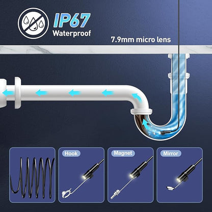 Endoscope Camera with Light, 16.4ft Semi-Rigid Snake Inspection Camera, 1920P HD Borescope with 8 Adjustable LED Lights, 7.9mm IP67 Waterproof Drain Pipe Borescope for iOS and Android