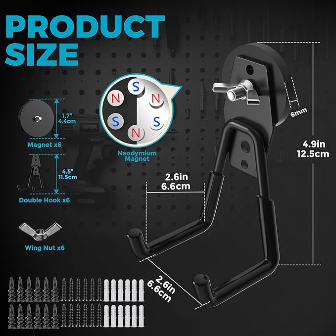 6 Pcs Large Strong Magnetic Hooks Heavy Duty Garage Big Magnet Hooks Extra Strength Magnetic Utility Storage Hook Hanger with Anti Slip Coating for Garden Indoor Outdoor Hanging Tools Black