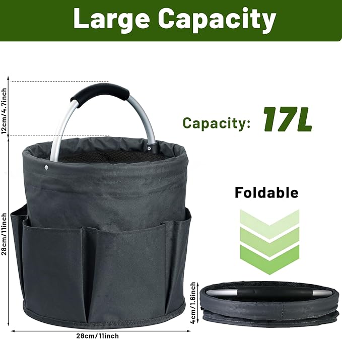 17L Foldable Cleaning Caddy with Handle - Portable Oxford Fabric Storage Bucket, Organiser for Cleaning Supplies, Toiletries, Home, Garden, Picnic & Beach (Dark Gray)