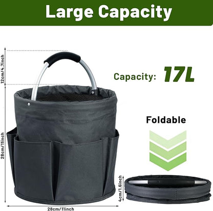 17L Foldable Cleaning Caddy with Handle - Portable Oxford Fabric Storage Bucket, Organiser for Cleaning Supplies, Toiletries, Home, Garden, Picnic & Beach (Dark Gray)