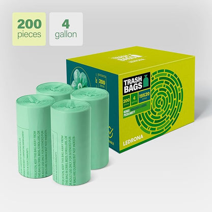 200 Compostable Trash Bags - 4 Gallon Garbage Bags for Kitchen Bin - Unscented, Leak Proof, Extra Strong - Disposable Food Waste Basket Liners - Certified by BPI & OK compost HOME by TÜV AUSTRIA