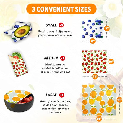 Reusable Beeswax Wrap - 9 Pack, Beeswax Wraps for Food, Eco-Friendly Beeswax Food Wrap, Organic, Sustainable, Biodegradable, Zero Waste, Plastic-Free Food Storage (Orange | Strawberry | Blueberry)