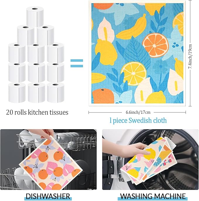 6 - Pack Swedish Kitchen Dish Cloths - Reusable Paper Towels for Counters & Dishes - Eco Friendly Cellulose Sponge Cloth (Fruit Plants)