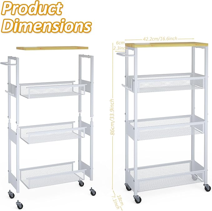 7.1" Wide Slim Storage Cart on Wheels, 4 Tier Metal Narrow Rolling Cart with Handle and Wood Top, Multifunctional Small Mobile Shelf Unit Organizer Trolley for Laundry, Bathroom, Kitchen