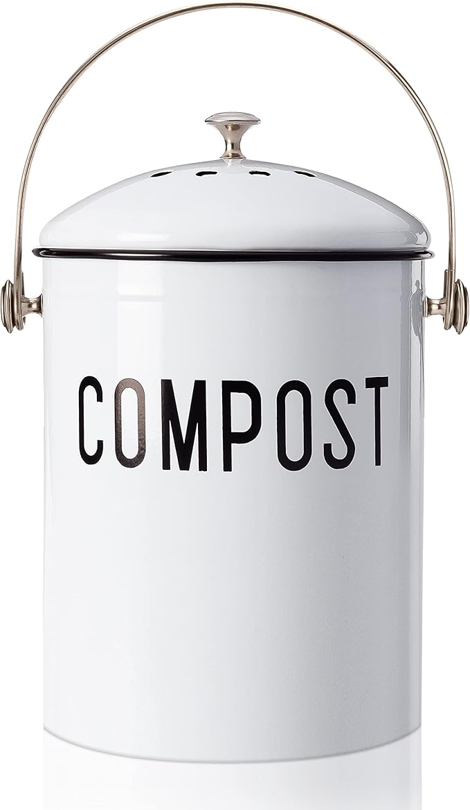 JRW Design White Kitchen Compost Bin Plus 2 Non-Smell Filters, 1.3 Gallon Farmhouse Bin for Countertop, Durable Bin Kitchen with Handle, Easy to Clean, Rust Proof Composting Bin, Compost Bucket