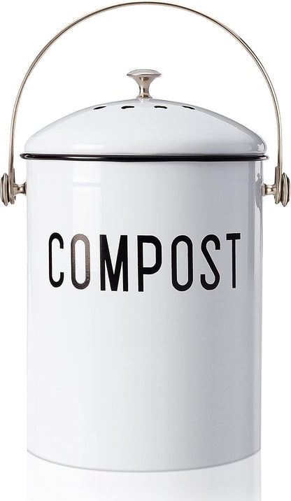 JRW Design White Kitchen Compost Bin Plus 2 Non-Smell Filters, 1.3 Gallon Farmhouse Bin for Countertop, Durable Bin Kitchen with Handle, Easy to Clean, Rust Proof Composting Bin, Compost Bucket