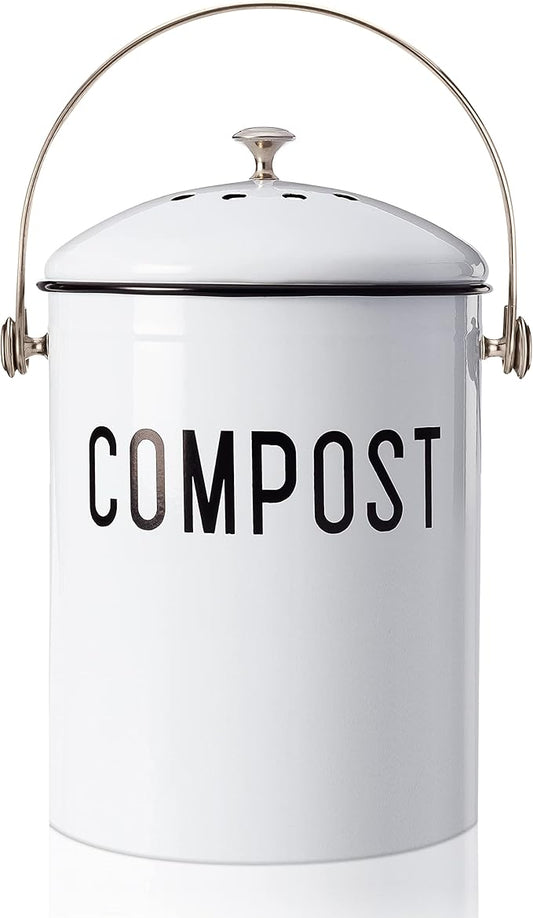 JRW Design White Kitchen Compost Bin Plus 2 Non-Smell Filters, 1.3 Gallon Farmhouse Bin for Countertop, Durable Bin Kitchen with Handle, Easy to Clean, Rust Proof Composting Bin, Compost Bucket