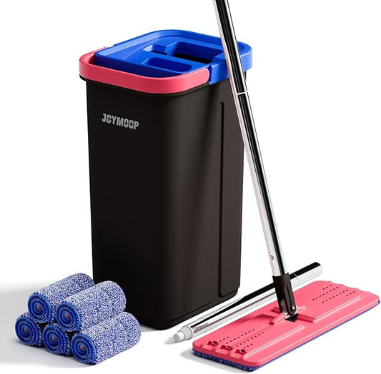JOYMOOP Microfiber Flat Mop and Bucket System, Floor & Wall Cleaning, Wet Dry Mop for Home & Commercial Use, 60" Long Handle, Includes 5 Washable Pads
