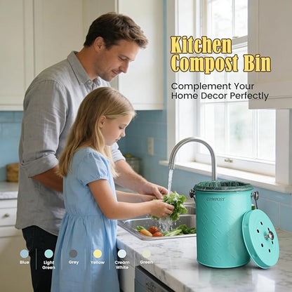 AOSION Countertop Compost Bin Kitchen,Odorless Indoor Compost Bin with Lid,Farmhouse Composter Container for Food Waste,Includes 2 Carbon Filters, Small Compost Bucket,Trash Bags (Modern, Light Green)