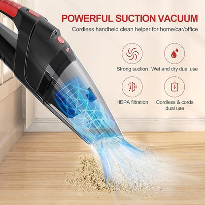 Handheld Vacuum Cleaner, Cordless Vacuum Cleaner, 6.5KPA Super Powerful Suction Cleaner, Rechargeable Portable Hand Vacuum,with LED, HEPA Filter, for Home & Pet Hair (Black)