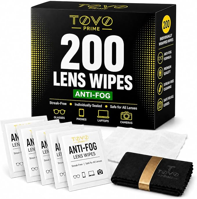 Anti Fog Wipes for Glasses, 200 Count Individually Wrapped Lens Cleaning Wipes, Pre-Moistened Eyeglass Cleaner for Sunglasses, Goggles, Phone & Screens + Microfiber Cloth, TOVO PRIME