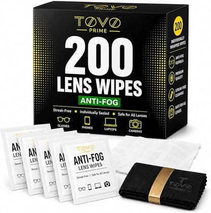 Anti Fog Wipes for Glasses, 200 Count Individually Wrapped Lens Cleaning Wipes, Pre-Moistened Eyeglass Cleaner for Sunglasses, Goggles, Phone & Screens + Microfiber Cloth, TOVO PRIME