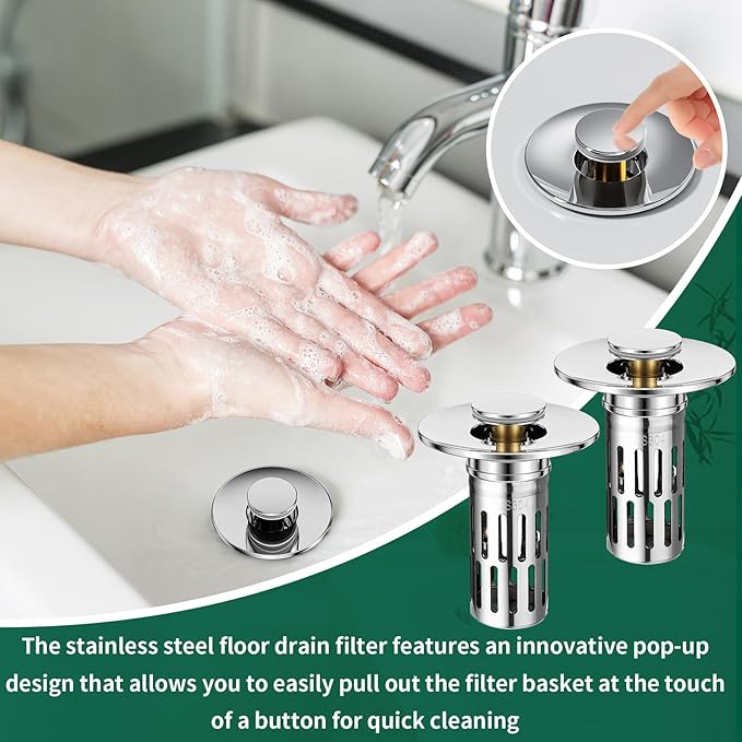 Vodolo 3 in 1 Sink Drain Strainer with Hair Catcher,Stainless Steel Popup Sink Stopper with Basket for Bathroom Kitchen Shower,Pop-up Bounce Core Floor Basin Drain Filter,Replacement Sink Plug 1PCS
