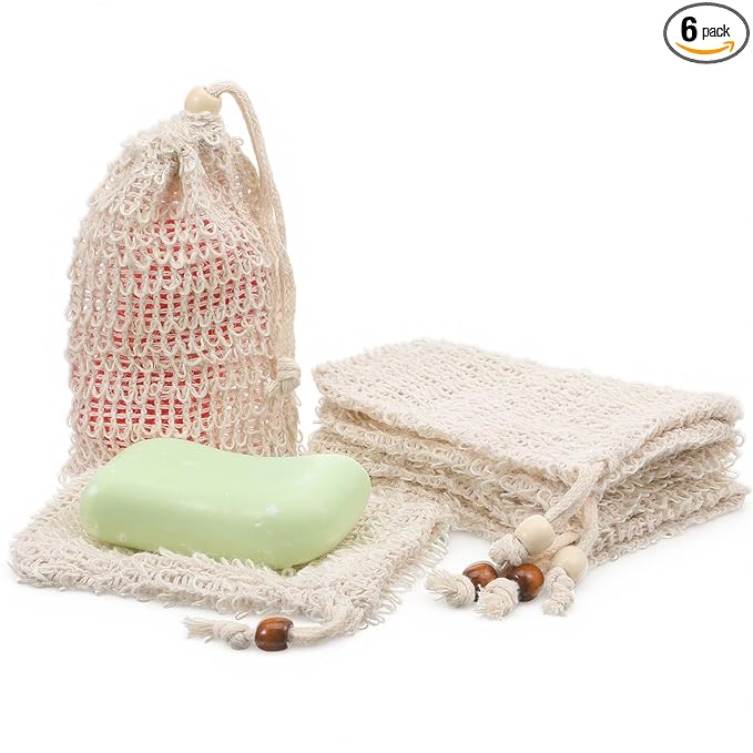 6 Pack Soap Bag, Natural Sisal Soap Saver Bag Exfoliating Sisal Soaps Pouch with Drawstring Bar Shower Soaps Saver Bags Foaming and Drying Holder for Shower