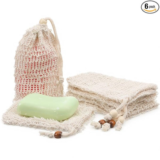 6 Pack Soap Bag, Natural Sisal Soap Saver Bag Exfoliating Sisal Soaps Pouch with Drawstring Bar Shower Soaps Saver Bags Foaming and Drying Holder for Shower