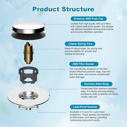 Hibbent 3 in 1 Metal Bathtub Drain Stopper, Universal Pop Up Tub Stopper, Bathtub Drain Hair Catcher, Removable Filter Basket, Anti-Clogging Drain Plug for 1.5''~2.4'' Drain, Brass Bullet Core, Chrome