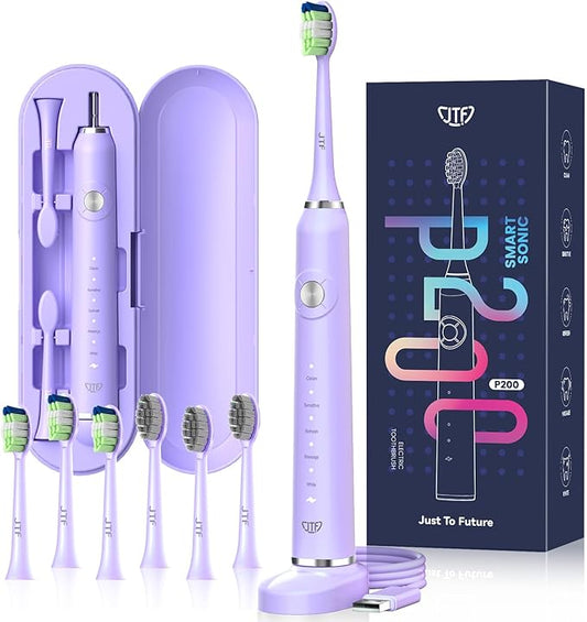 JTF Sonic Electric Toothbrush for Adults: 5 Modes with Smart Timer for Deep Cleaning & Whitening, 2 Brush Head Types for Sensitive Teeth, Gums & Braces, Travel-Friendly Case and Wireless Charging Base