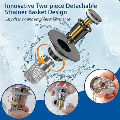 Bathroom Sink Drain Strainer,(2PCS) Pop-up Sink Drain Strainer with Removable Stainless Steel Strainer Basket Hair Catcher, Bathroom Sink Strainer for Bathroom Sink Stopper Replacement