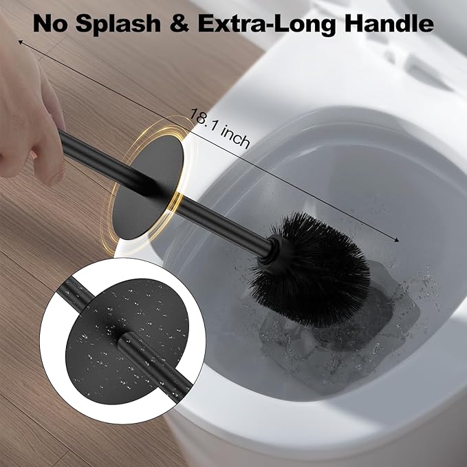 Black Toilet Brush and Holder Set，2 Pack Stainless Steel Heavy Duty Toilet Bowl Brush，Extra Long Handled Modern Toilet Cleaner Brush with Replaceable Head, Removable Inner Bowl, and Splash Protection