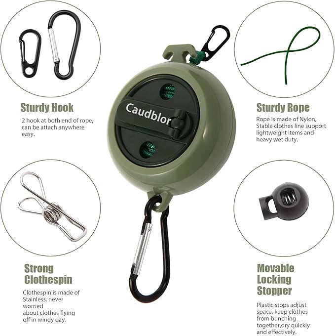 Portable Travel Clothesline Cord, Caudblor Adjustable 33ft Camping Clothes line, Laundry Drying Rope for Hotel Trip, Cruise, Outdoor/Indoor, with 12Pcs Stoppers, Windproof Clothespins