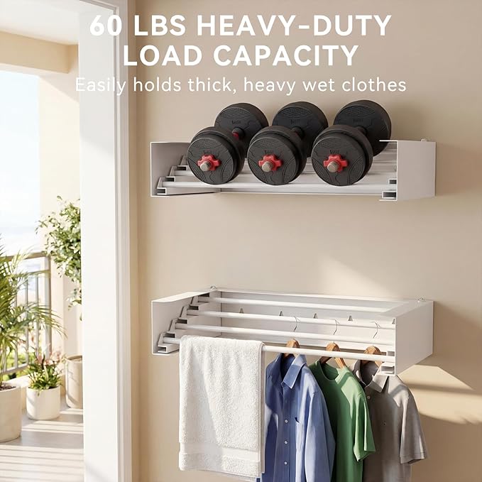 Wall Mounted Drying Rack - 23.6 Inch Stainless Steel Clothes Drying Rack Collapsible, Heavy Duty 60LBS Laundry Drying Rack, Retractable Folding Dryer Racks for Laundry Drying Indoor/Outdoor