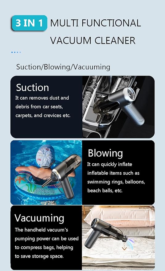 Handheld Car Vacuum Small Portable Cordless High Power, 3 in 1 Dust Buster/Air Blower/Inflator Mini Vacuum Cleaner, HEPA Filter Type-C Charge, 7 Tools for Pet Hair/Keyboard/Snow Debris/Sofa/Car