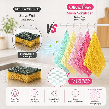 OliviaTree Dish Scrubber 10 Pack, Non Scratch Reusable Mesh Scrub Cloth for Dishes Pots Pans Sink, Quick Dry Odor Resistant Sponge Alternative, Korean Kitchen Cleaning Pad 11x11 Inch