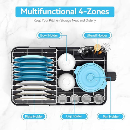 Urackify Dish Drying Rack - Dish Drainer for Kitchen Counter, Stainless Steel Dish Rack with Swivel Draining Spout & Drain Board, Expandable Space-Saving Kitchen Dish Organizer for 3-4 People, Black