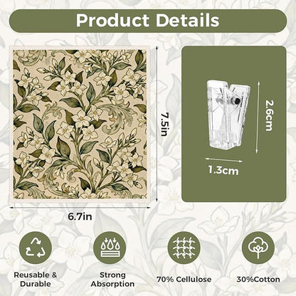 Needbrock 6 Pack William Morris Swedish Dishcloths for Kitchen,Swedish Rags Dish Towels with Clips, Reusable Paper Towel Absorbent Cellulose Sponge Cloths No Odor for Cleaning Home Kitchen