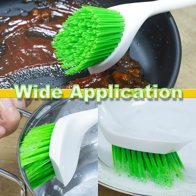 Dish Scrubber Set, Kitchen Brush for Cleaning with Scraper Edge, Green Multi-Purpose Scrub Brush with Handle for Dishes,Sink,Pots,Pans,Shower,Tile,Tubs - 3 Pack