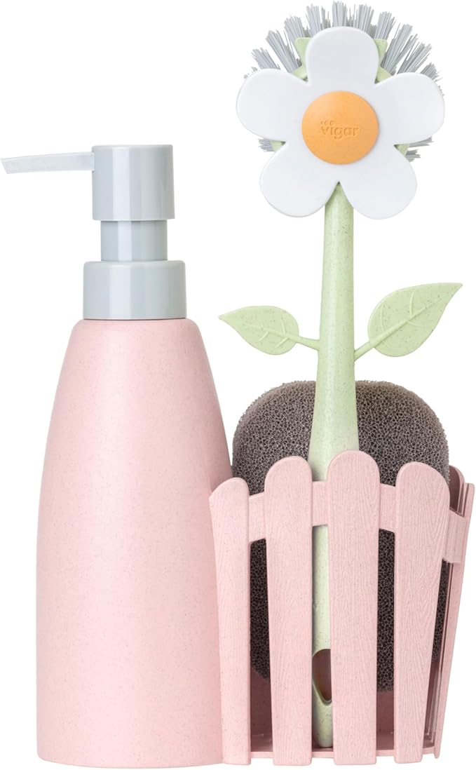 Vigar Florganic Kitchen Sink Caddy Set with Dish Soap Dispenser - Sponge Holder, Decorative Flower Dish Brush & Sponge, Kitchen Sink Organizer, Brush Holder and Soap Caddy for Countertop - Pink
