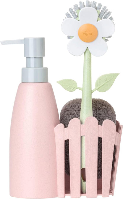 Vigar Florganic Kitchen Sink Caddy Set with Dish Soap Dispenser - Sponge Holder, Decorative Flower Dish Brush & Sponge, Kitchen Sink Organizer, Brush Holder and Soap Caddy for Countertop - Pink