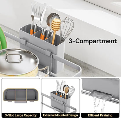 TOOLF Dish Drying Rack, Dish Racks for Kitchen Counter, Stainless Steel Sink Organization and Storage Essentials with Cutlery Holder, Dish Drainer, Home and Appartment Decor, 12.4''W x 16.5''L, Gray